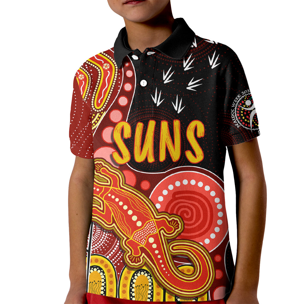 personalised-naidoc-week-2023-afl-suns-kid-polo-shirt-aboriginal-dot-art-lizard-mix-boomerang