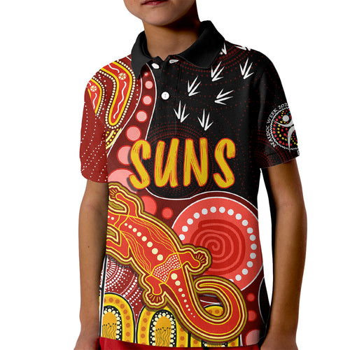 personalised-naidoc-week-2023-afl-suns-kid-polo-shirt-aboriginal-dot-art-lizard-mix-boomerang