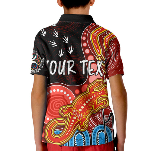 personalised-naidoc-week-2023-afl-suns-kid-polo-shirt-aboriginal-dot-art-lizard-mix-boomerang