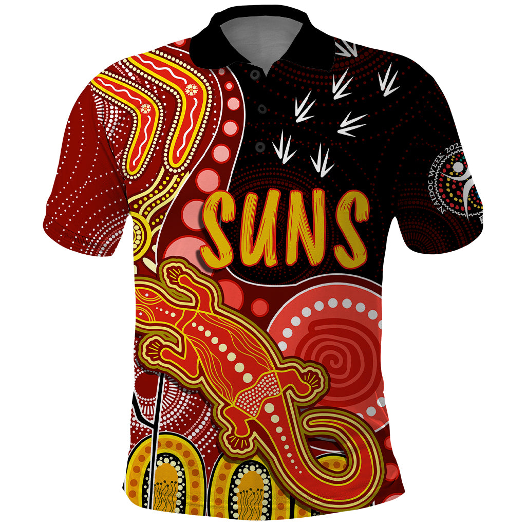 personalised-naidoc-week-2023-afl-suns-polo-shirt-aboriginal-dot-art-lizard-mix-boomerang
