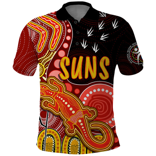 personalised-naidoc-week-2023-afl-suns-polo-shirt-aboriginal-dot-art-lizard-mix-boomerang