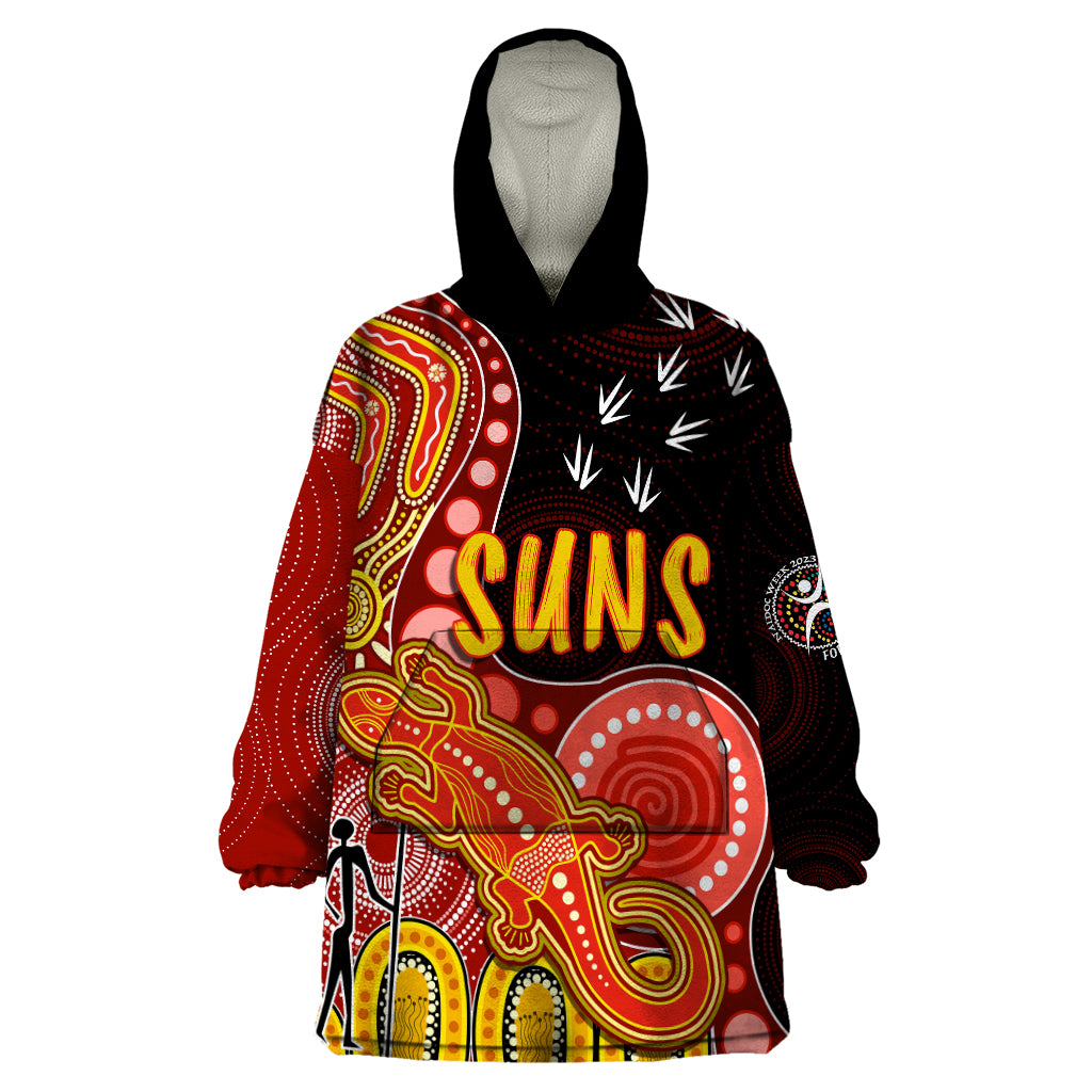 personalised-naidoc-week-2023-afl-suns-wearable-blanket-hoodie-aboriginal-dot-art-lizard-mix-boomerang