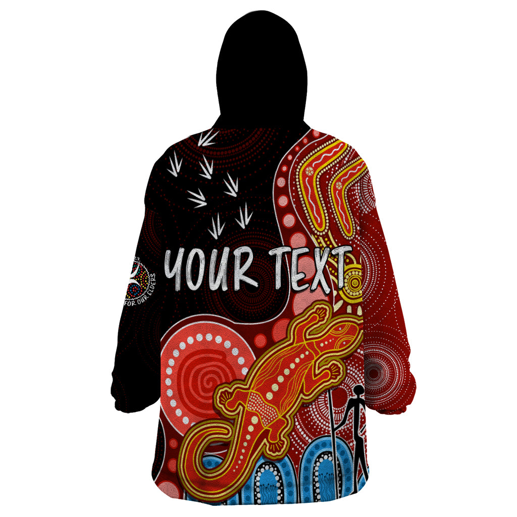 personalised-naidoc-week-2023-afl-suns-wearable-blanket-hoodie-aboriginal-dot-art-lizard-mix-boomerang