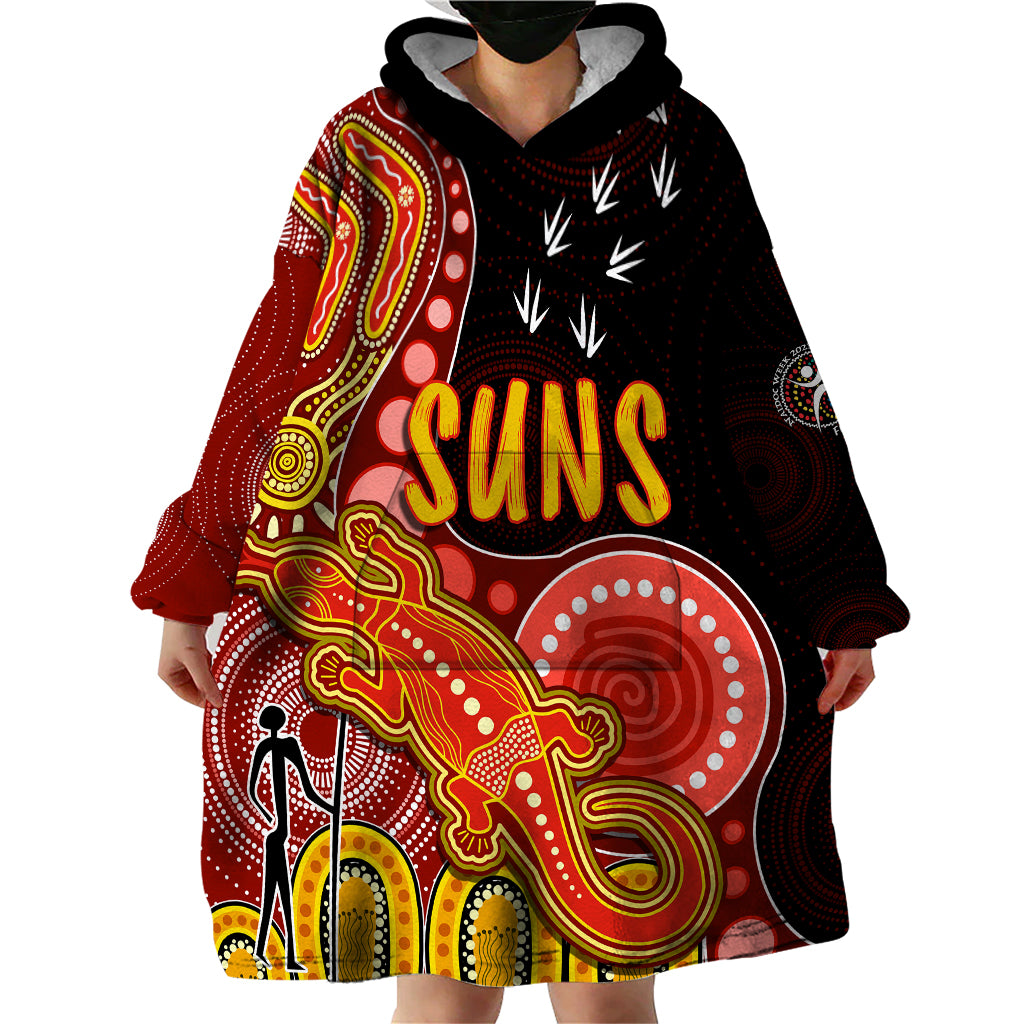 personalised-naidoc-week-2023-afl-suns-wearable-blanket-hoodie-aboriginal-dot-art-lizard-mix-boomerang