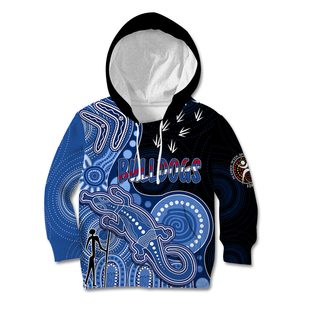 personalised-naidoc-week-2023-afl-bulldogs-kid-hoodie-aboriginal-dot-art-lizard-mix-boomerang