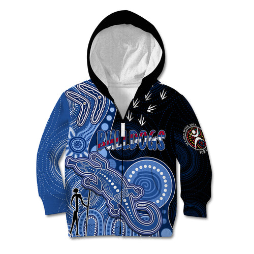 personalised-naidoc-week-2023-afl-bulldogs-kid-hoodie-aboriginal-dot-art-lizard-mix-boomerang