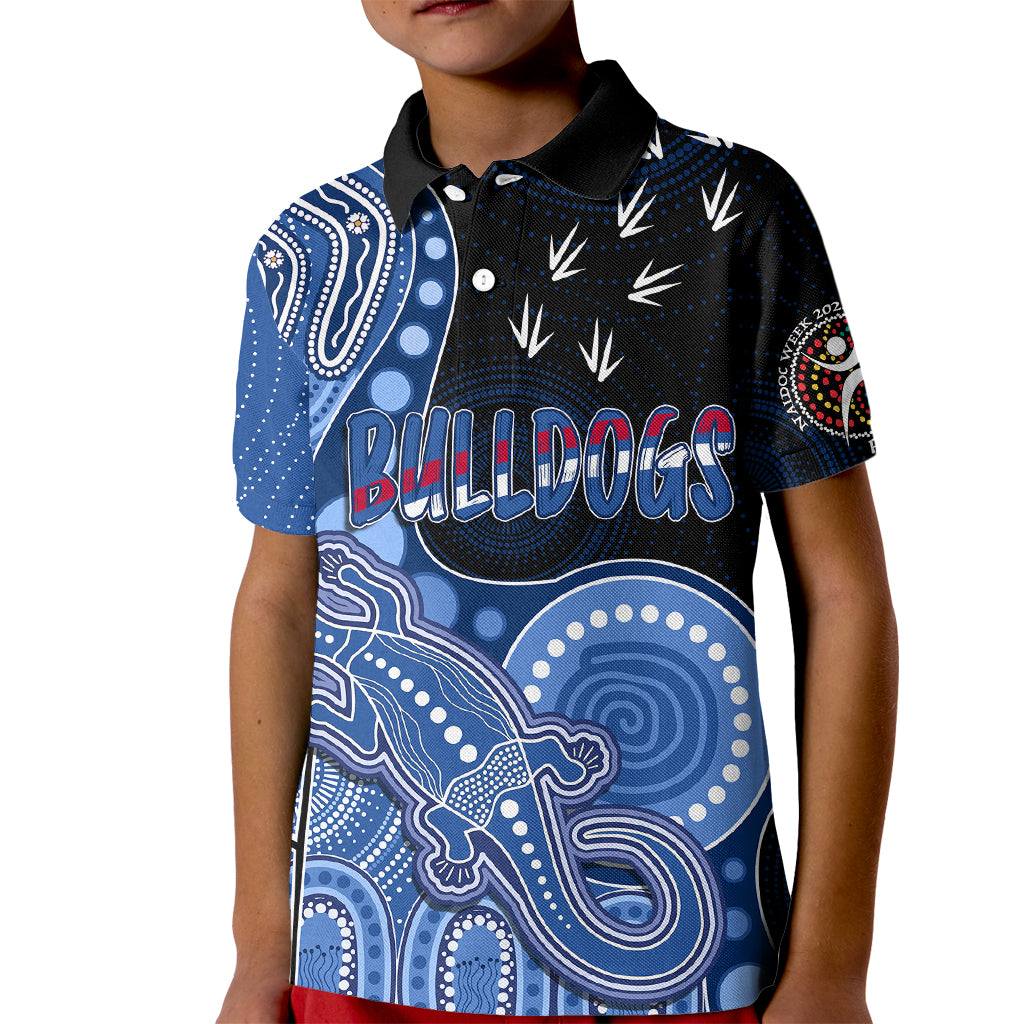 personalised-naidoc-week-2023-afl-bulldogs-kid-polo-shirt-aboriginal-dot-art-lizard-mix-boomerang