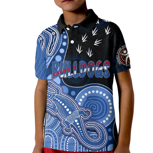 personalised-naidoc-week-2023-afl-bulldogs-kid-polo-shirt-aboriginal-dot-art-lizard-mix-boomerang