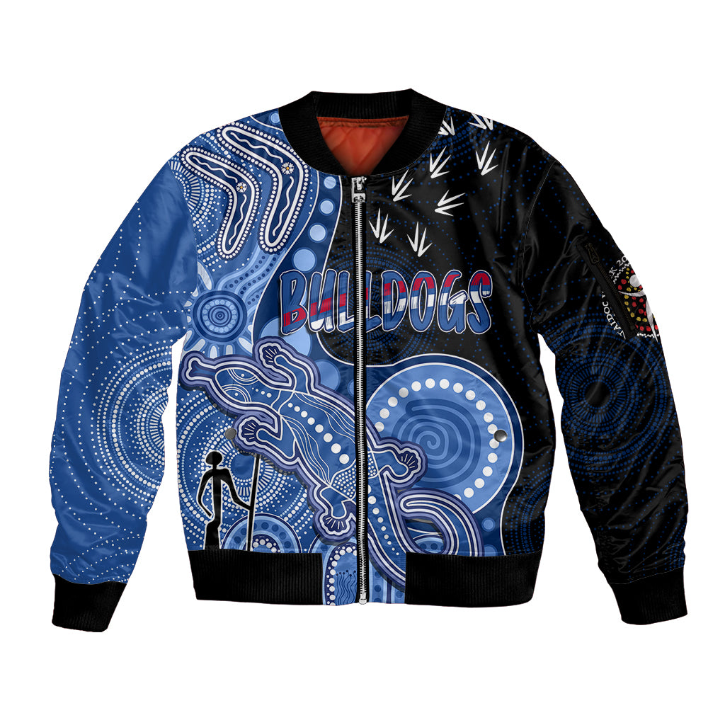 personalised-naidoc-week-2023-afl-bulldogs-sleeve-zip-bomber-jacket-aboriginal-dot-art-lizard-mix-boomerang