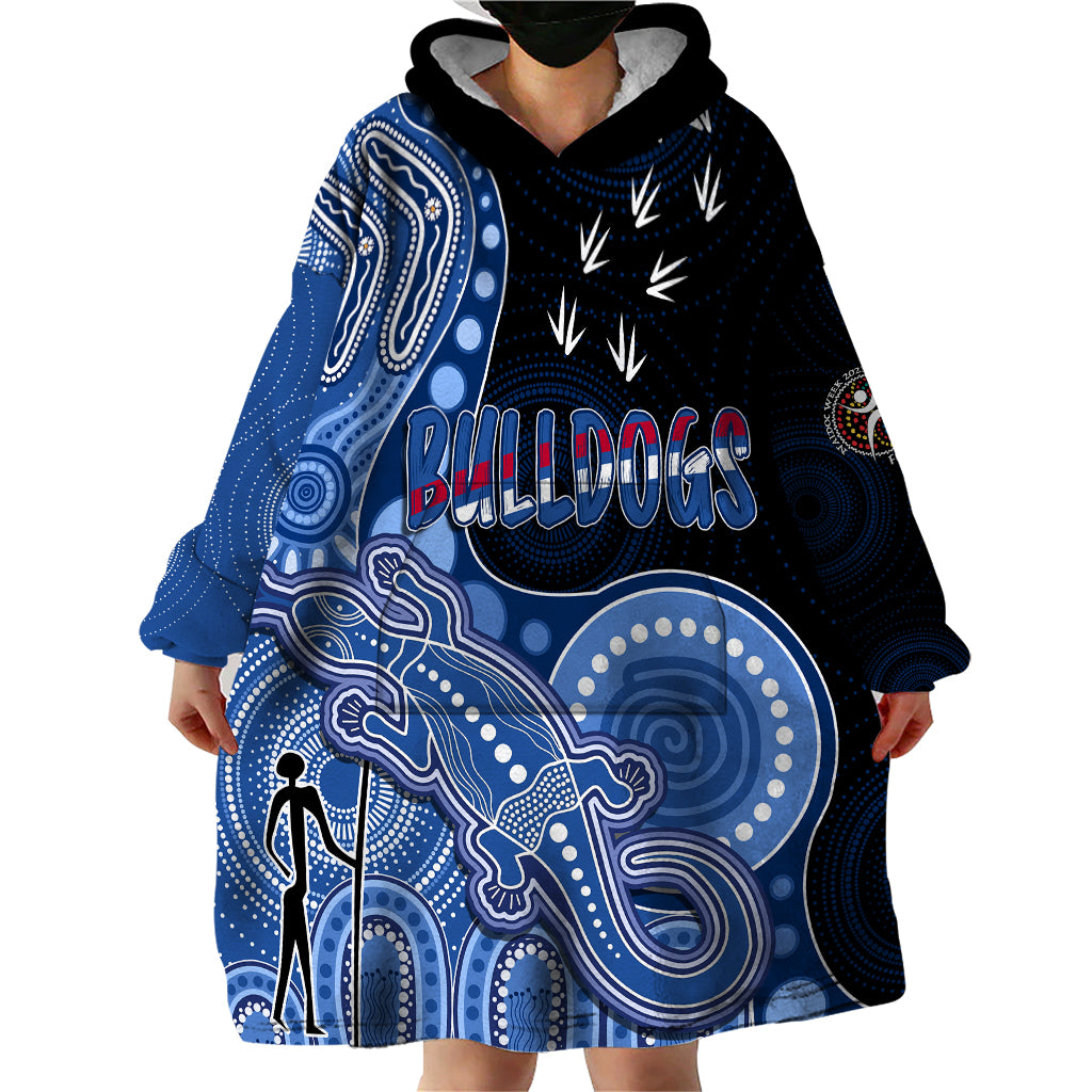 personalised-naidoc-week-2023-afl-bulldogs-wearable-blanket-hoodie-aboriginal-dot-art-lizard-mix-boomerang