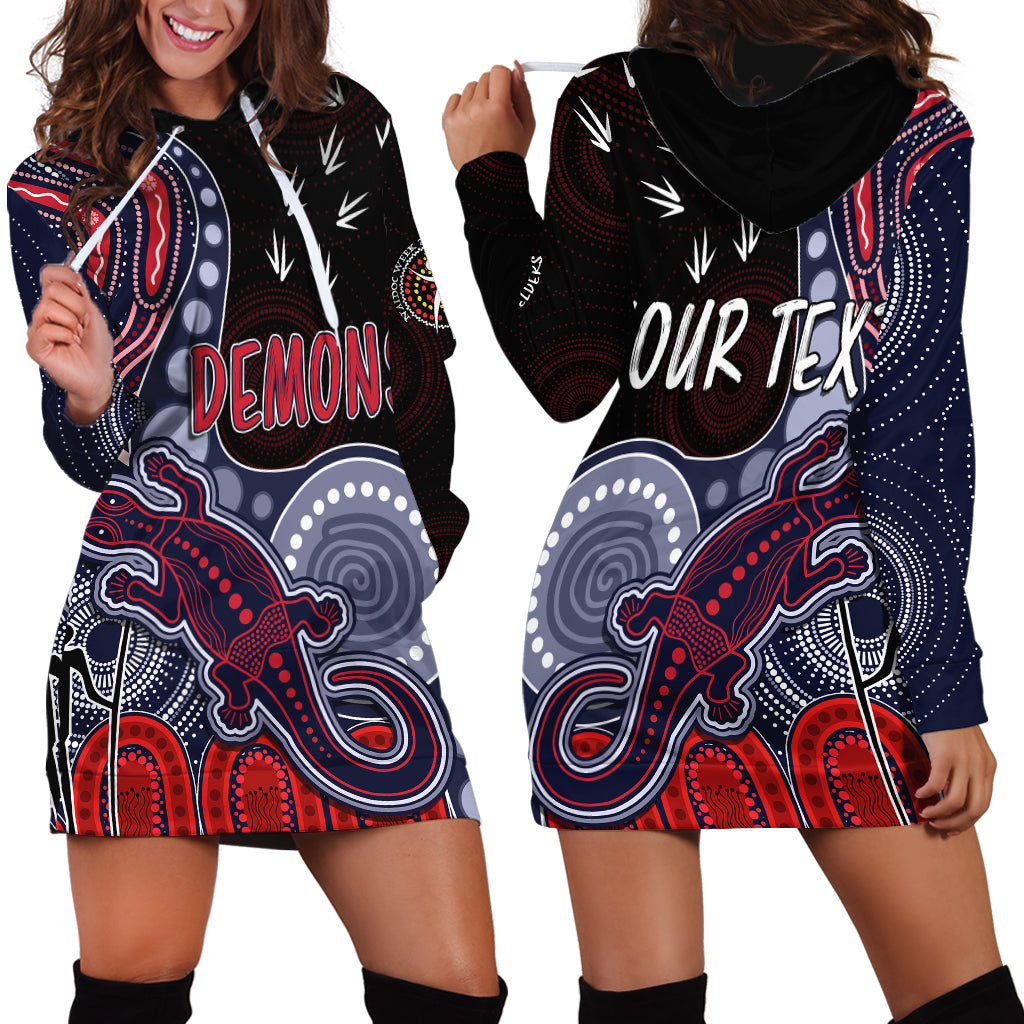 personalised-naidoc-week-2023-afl-demons-hoodie-dress-aboriginal-dot-art-lizard-mix-boomerang