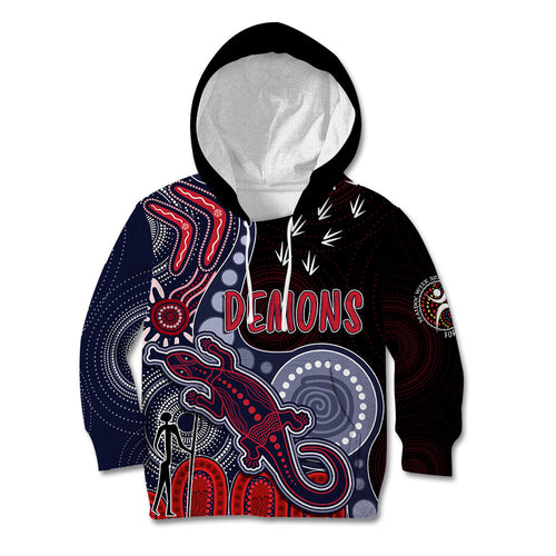personalised-naidoc-week-2023-afl-demons-kid-hoodie-aboriginal-dot-art-lizard-mix-boomerang