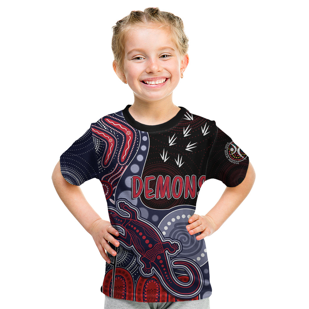 personalised-naidoc-week-2023-afl-demons-kid-t-shirt-aboriginal-dot-art-lizard-mix-boomerang