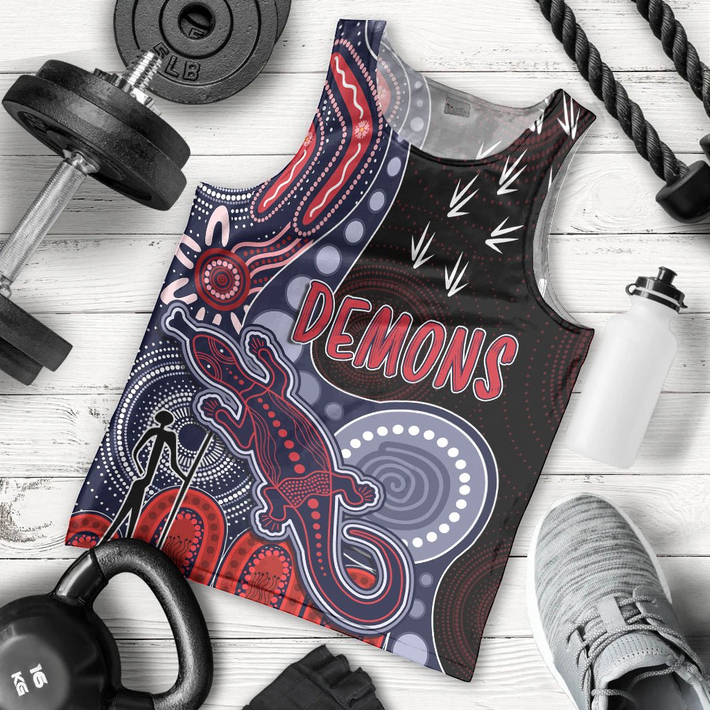 personalised-naidoc-week-2023-afl-demons-men-tank-top-aboriginal-dot-art-lizard-mix-boomerang