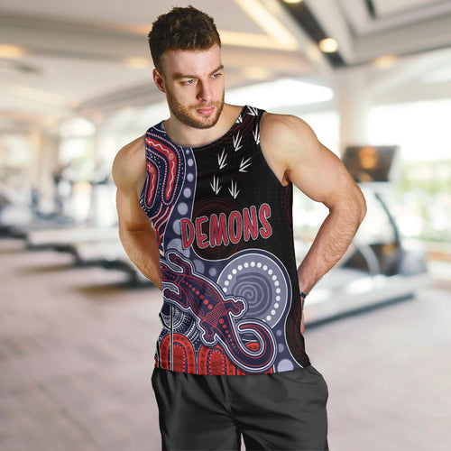 personalised-naidoc-week-2023-afl-demons-men-tank-top-aboriginal-dot-art-lizard-mix-boomerang