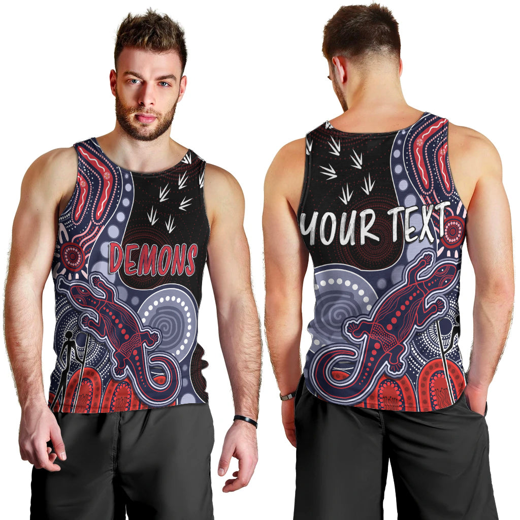 personalised-naidoc-week-2023-afl-demons-men-tank-top-aboriginal-dot-art-lizard-mix-boomerang