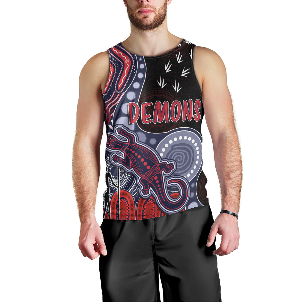 personalised-naidoc-week-2023-afl-demons-men-tank-top-aboriginal-dot-art-lizard-mix-boomerang