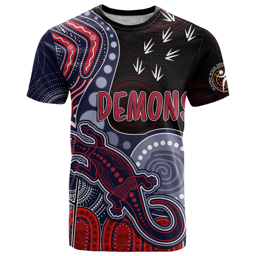 personalised-naidoc-week-2023-afl-demons-t-shirt-aboriginal-dot-art-lizard-mix-boomerang