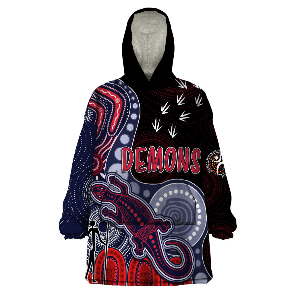 personalised-naidoc-week-2023-afl-demons-wearable-blanket-hoodie-aboriginal-dot-art-lizard-mix-boomerang