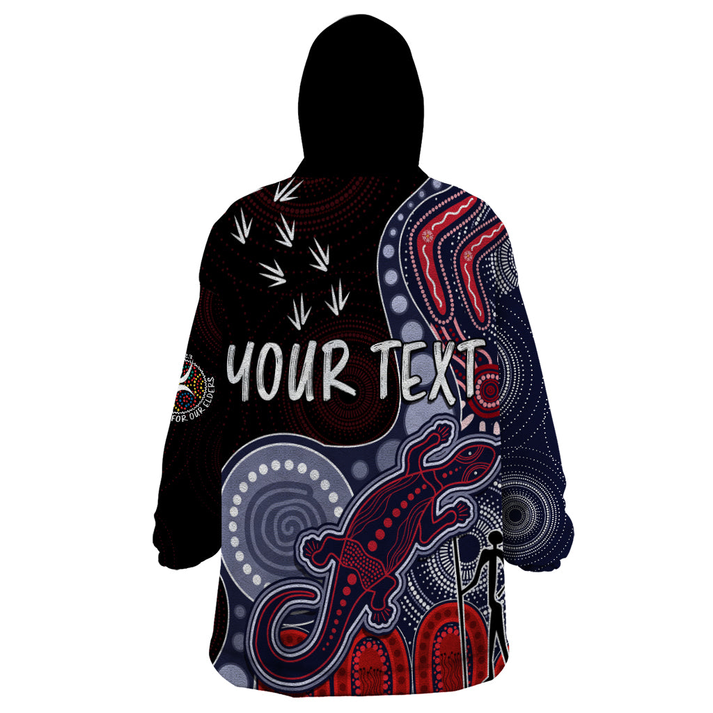 personalised-naidoc-week-2023-afl-demons-wearable-blanket-hoodie-aboriginal-dot-art-lizard-mix-boomerang