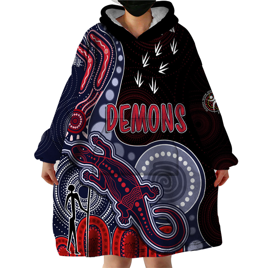 personalised-naidoc-week-2023-afl-demons-wearable-blanket-hoodie-aboriginal-dot-art-lizard-mix-boomerang