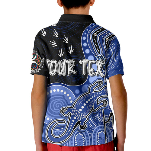 personalised-naidoc-week-2023-afl-kangaroos-kid-polo-shirt-aboriginal-dot-art-lizard-mix-boomerang