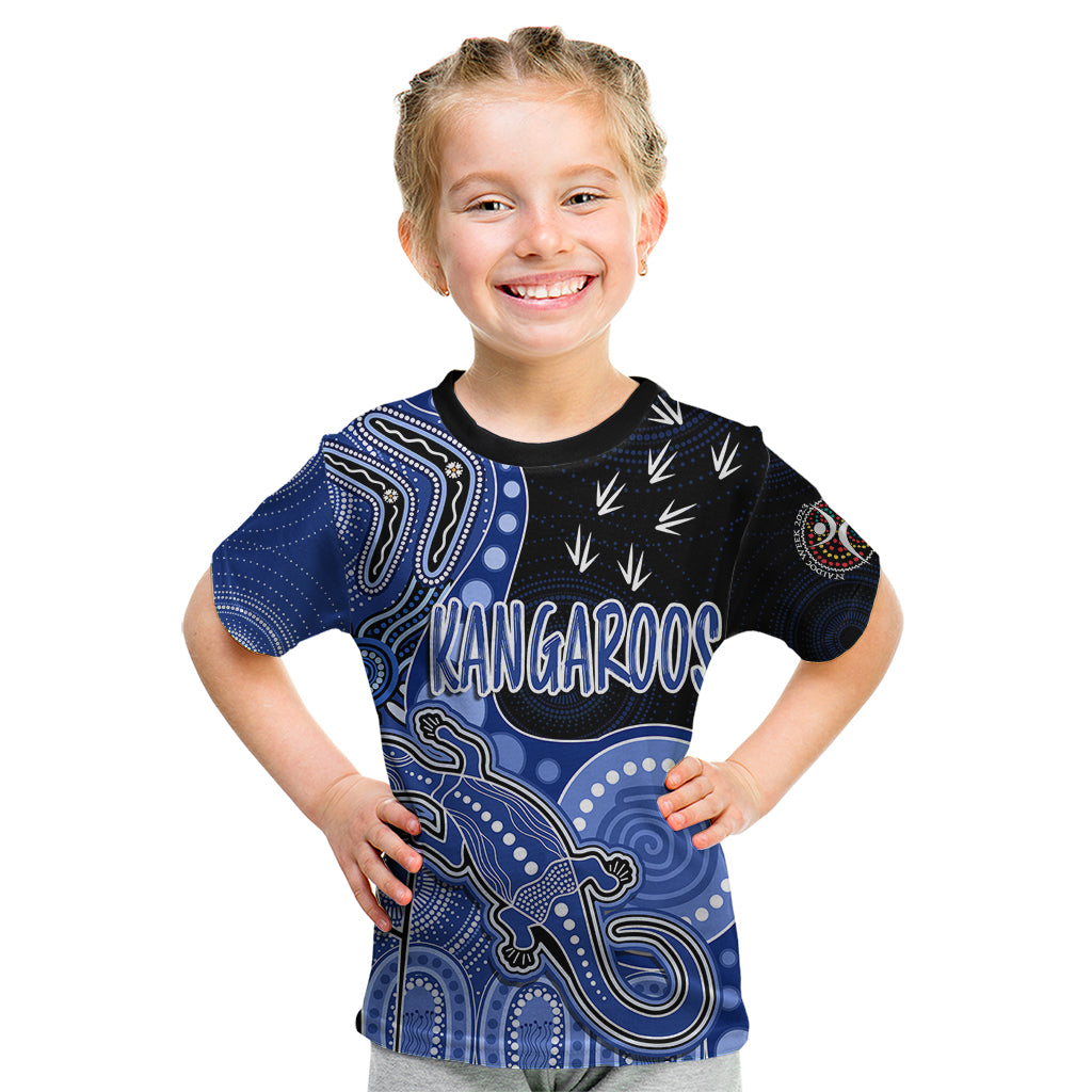 personalised-naidoc-week-2023-afl-kangaroos-kid-t-shirt-aboriginal-dot-art-lizard-mix-boomerang