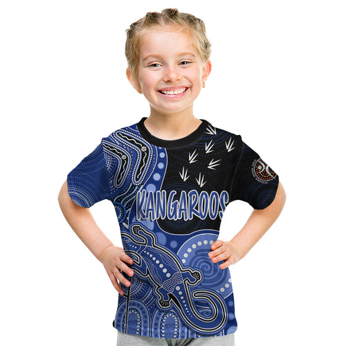 personalised-naidoc-week-2023-afl-kangaroos-kid-t-shirt-aboriginal-dot-art-lizard-mix-boomerang