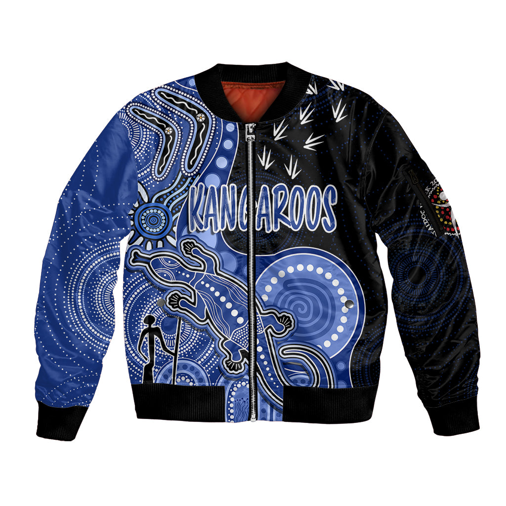 personalised-naidoc-week-2023-afl-kangaroos-sleeve-zip-bomber-jacket-aboriginal-dot-art-lizard-mix-boomerang