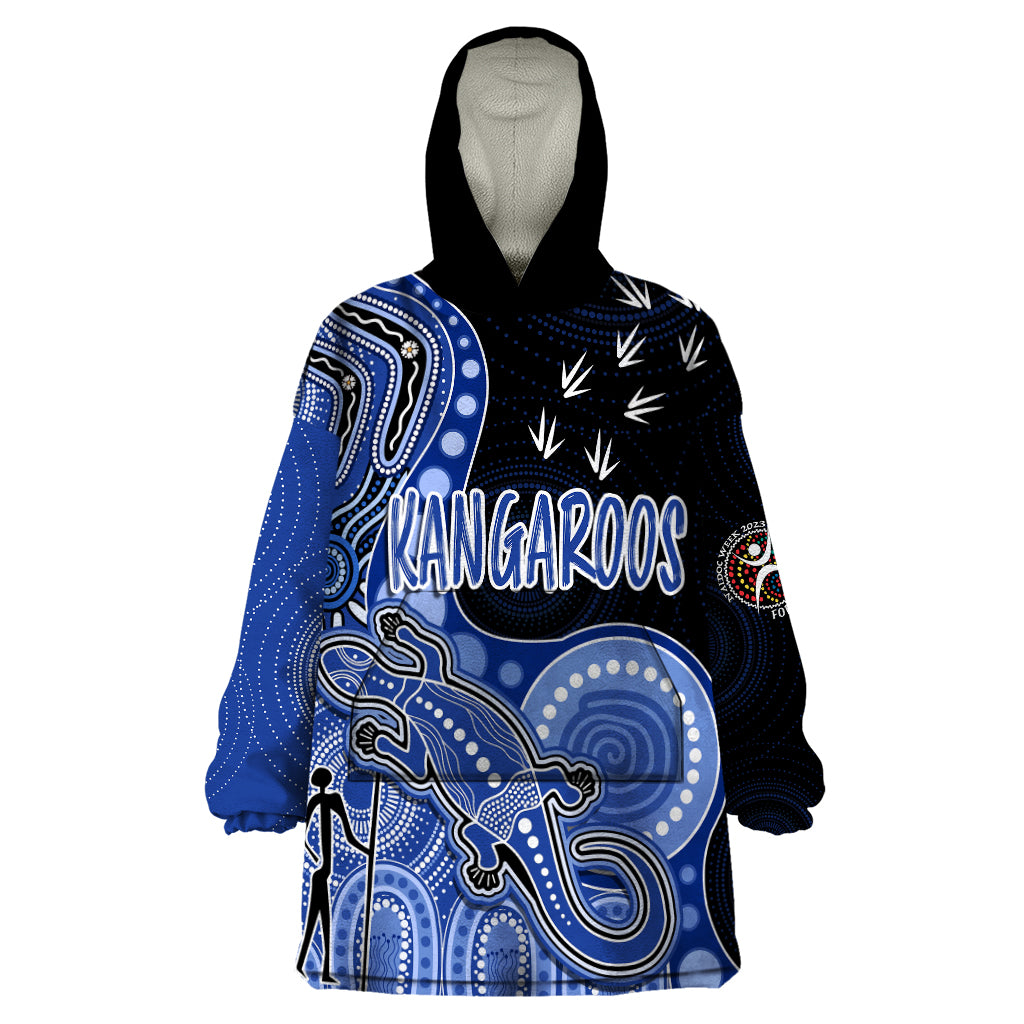 personalised-naidoc-week-2023-afl-kangaroos-wearable-blanket-hoodie-aboriginal-dot-art-lizard-mix-boomerang