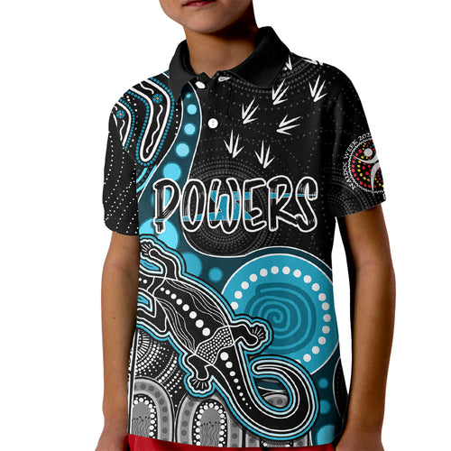 personalised-naidoc-week-2023-afl-powers-kid-polo-shirt-aboriginal-dot-art-lizard-mix-boomerang