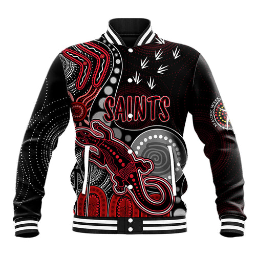 personalised-naidoc-week-2023-afl-saints-baseball-jacket-aboriginal-dot-art-lizard-mix-boomerang