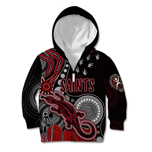 personalised-naidoc-week-2023-afl-saints-kid-hoodie-aboriginal-dot-art-lizard-mix-boomerang
