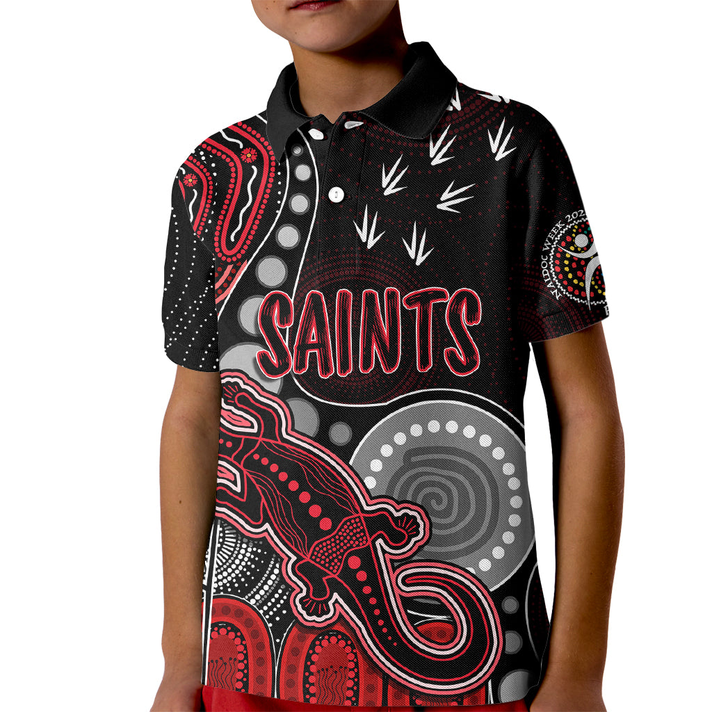 personalised-naidoc-week-2023-afl-saints-kid-polo-shirt-aboriginal-dot-art-lizard-mix-boomerang