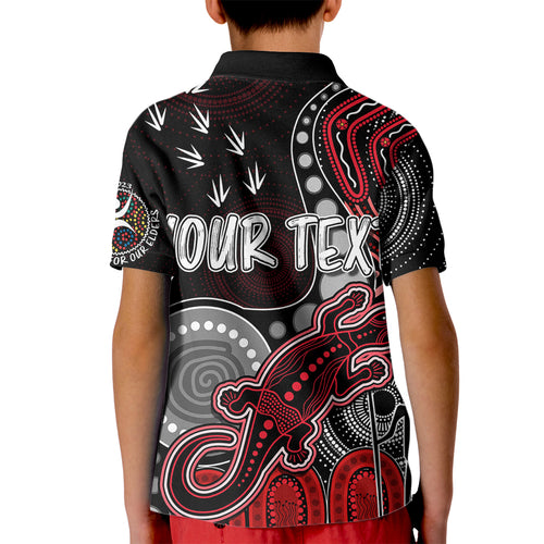 personalised-naidoc-week-2023-afl-saints-kid-polo-shirt-aboriginal-dot-art-lizard-mix-boomerang