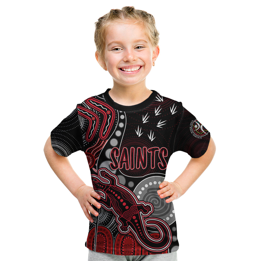 personalised-naidoc-week-2023-afl-saints-kid-t-shirt-aboriginal-dot-art-lizard-mix-boomerang