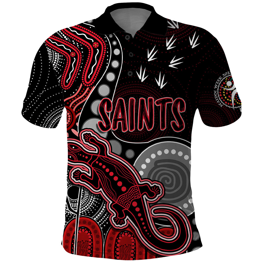 personalised-naidoc-week-2023-afl-saints-polo-shirt-aboriginal-dot-art-lizard-mix-boomerang