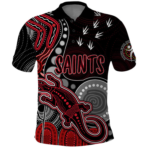 personalised-naidoc-week-2023-afl-saints-polo-shirt-aboriginal-dot-art-lizard-mix-boomerang