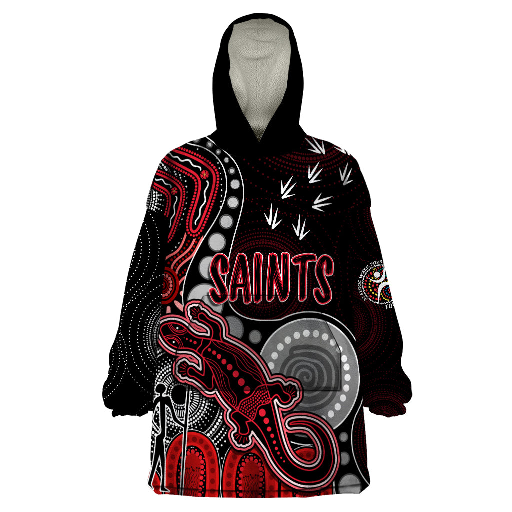 personalised-naidoc-week-2023-afl-saints-wearable-blanket-hoodie-aboriginal-dot-art-lizard-mix-boomerang