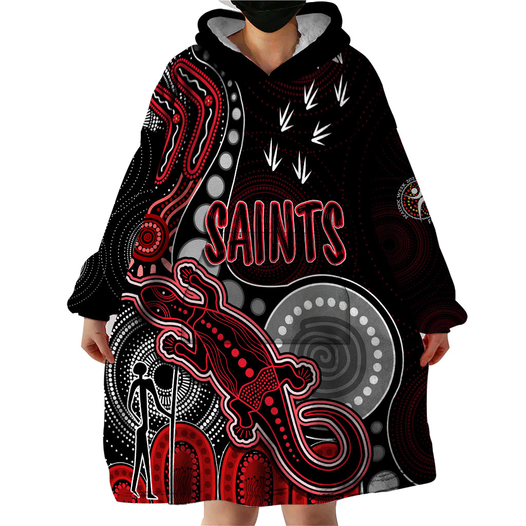 personalised-naidoc-week-2023-afl-saints-wearable-blanket-hoodie-aboriginal-dot-art-lizard-mix-boomerang