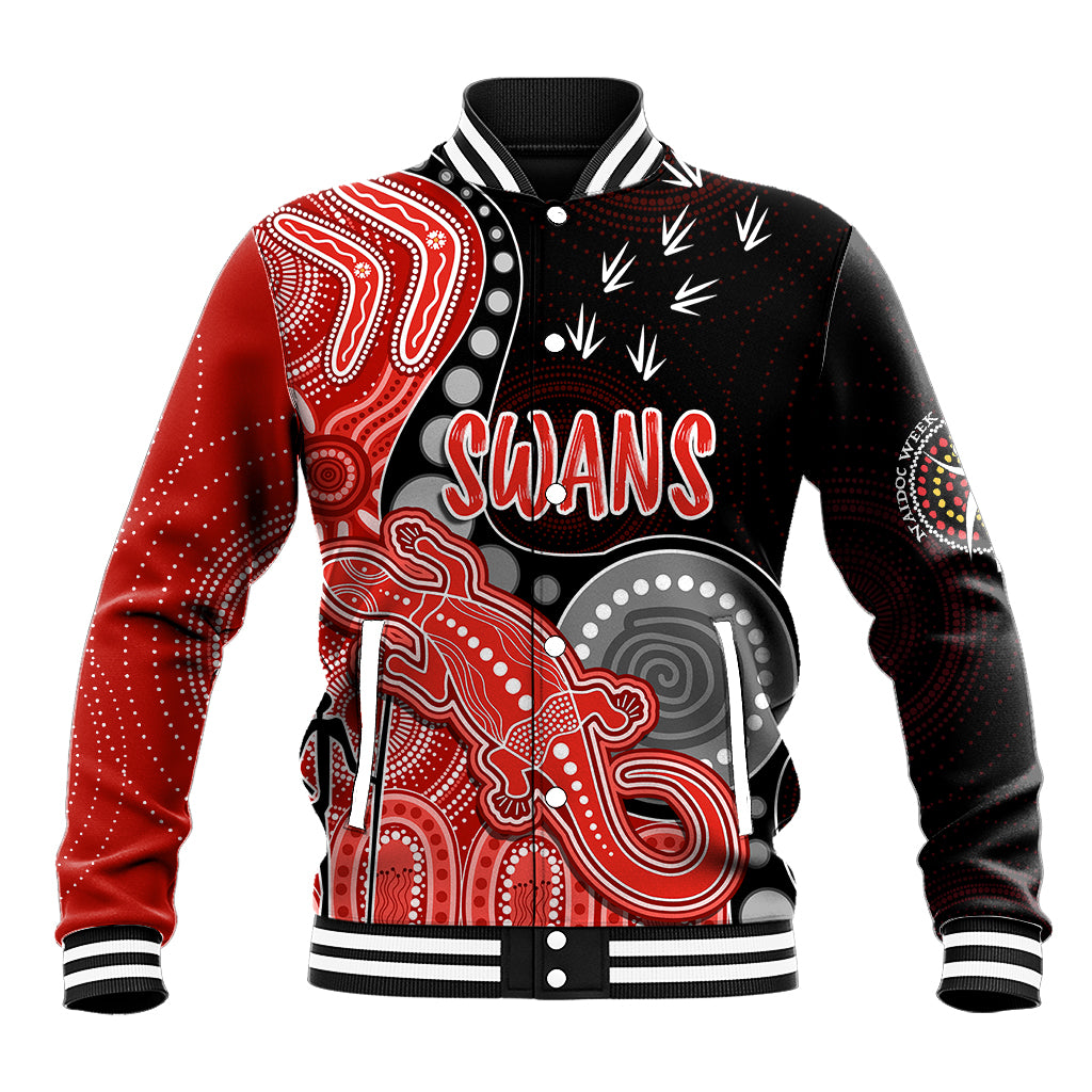 personalised-naidoc-week-2023-afl-swans-baseball-jacket-aboriginal-dot-art-lizard-mix-boomerang