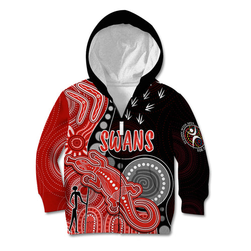 personalised-naidoc-week-2023-afl-swans-kid-hoodie-aboriginal-dot-art-lizard-mix-boomerang