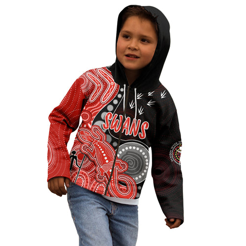 personalised-naidoc-week-2023-afl-swans-kid-hoodie-aboriginal-dot-art-lizard-mix-boomerang