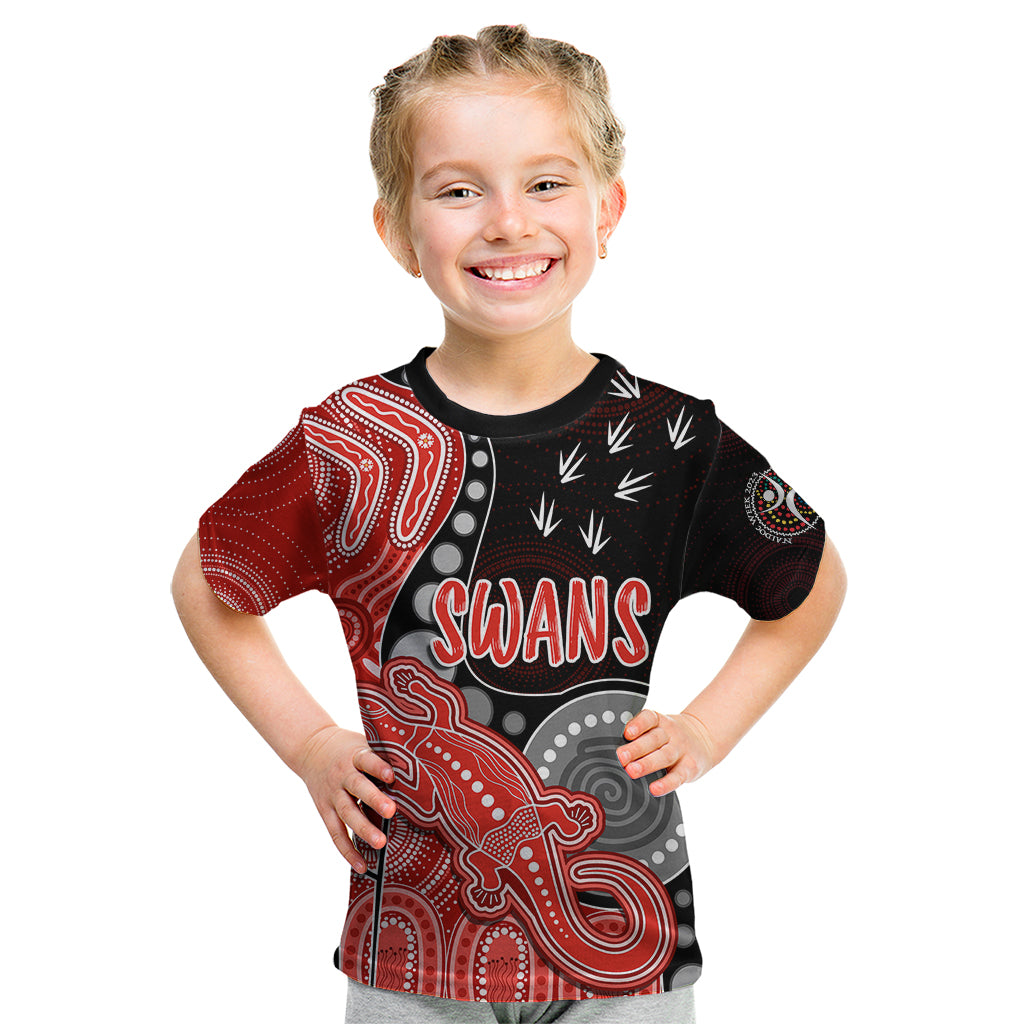 personalised-naidoc-week-2023-afl-swans-kid-t-shirt-aboriginal-dot-art-lizard-mix-boomerang