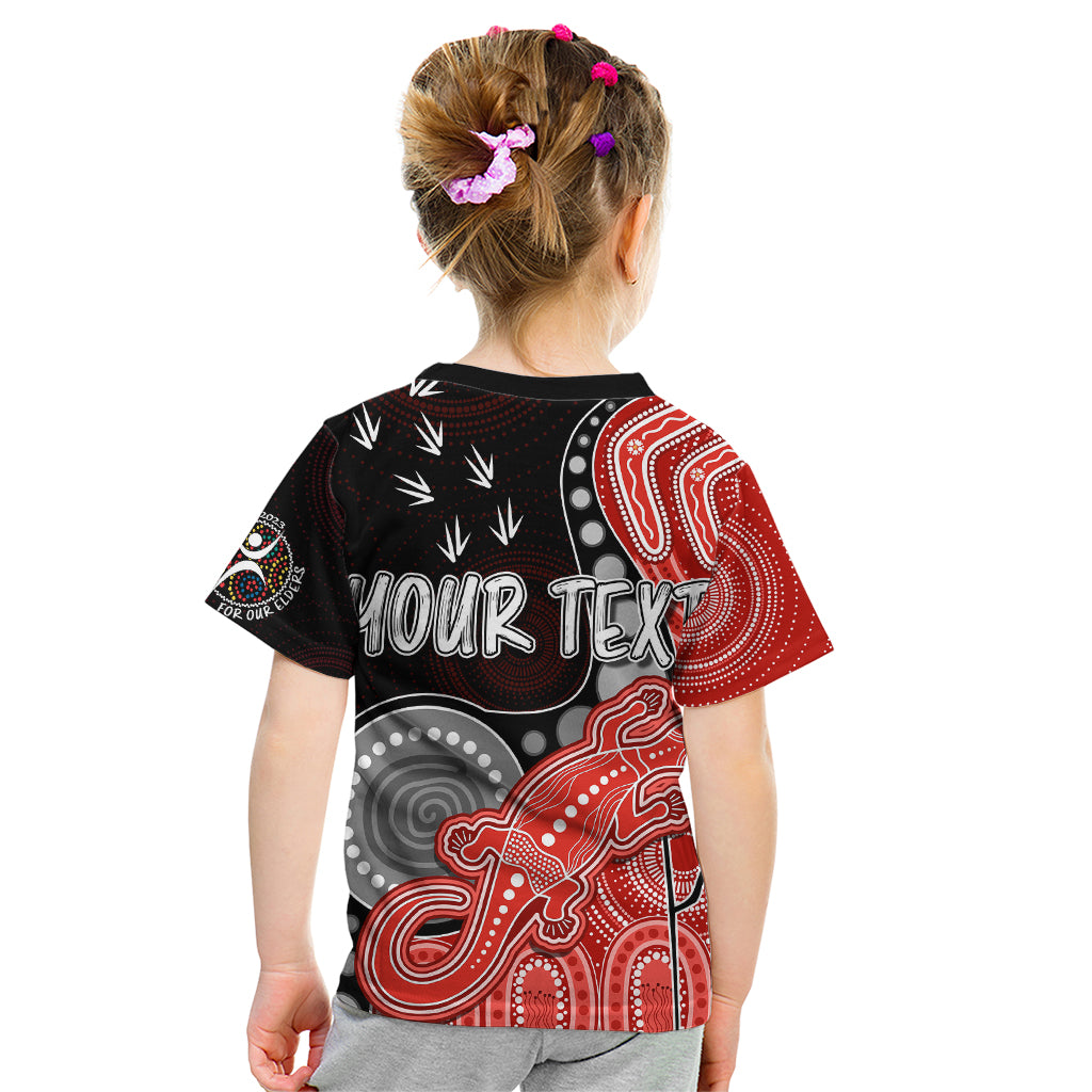 personalised-naidoc-week-2023-afl-swans-kid-t-shirt-aboriginal-dot-art-lizard-mix-boomerang
