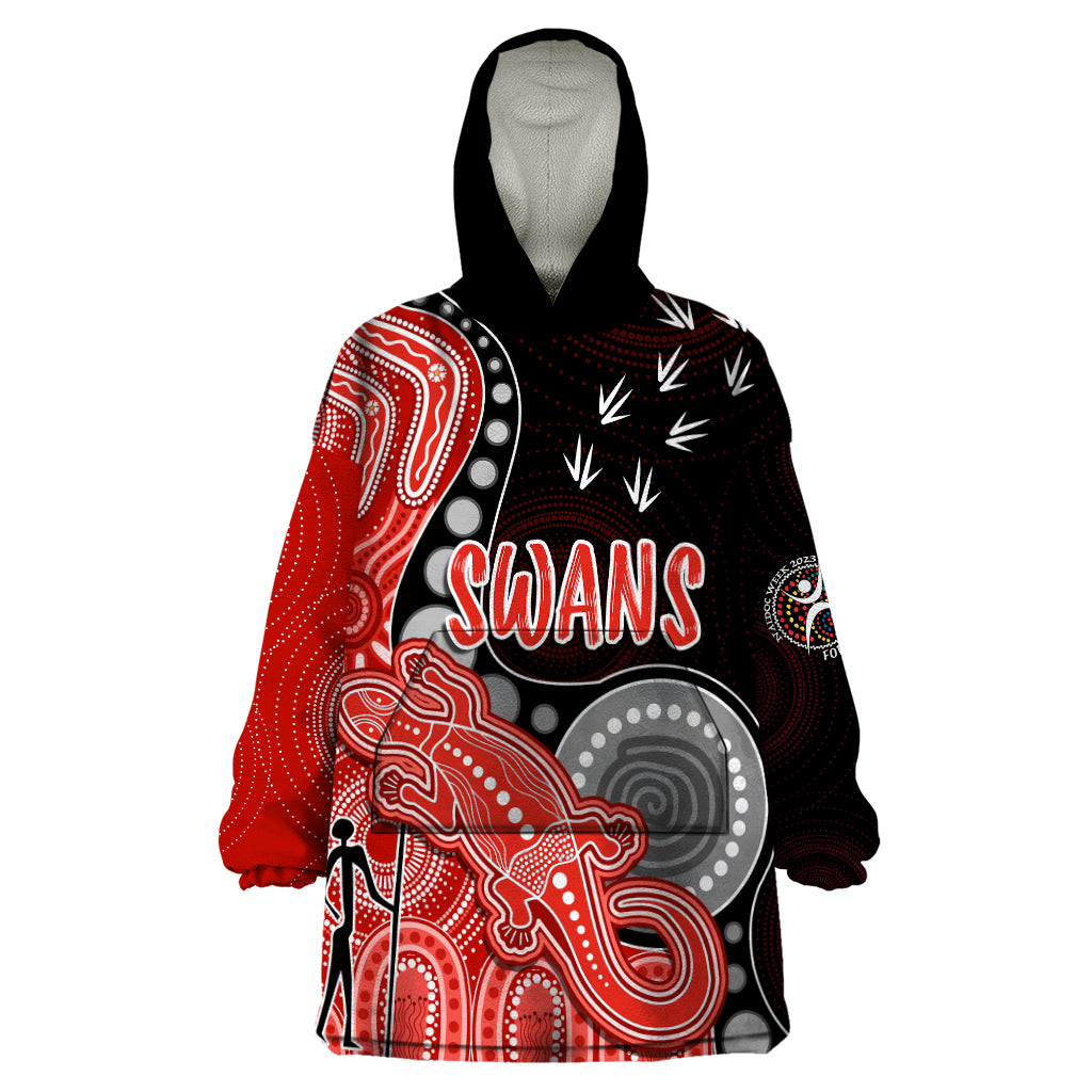 personalised-naidoc-week-2023-afl-swans-wearable-blanket-hoodie-aboriginal-dot-art-lizard-mix-boomerang