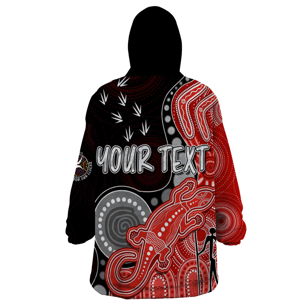 personalised-naidoc-week-2023-afl-swans-wearable-blanket-hoodie-aboriginal-dot-art-lizard-mix-boomerang