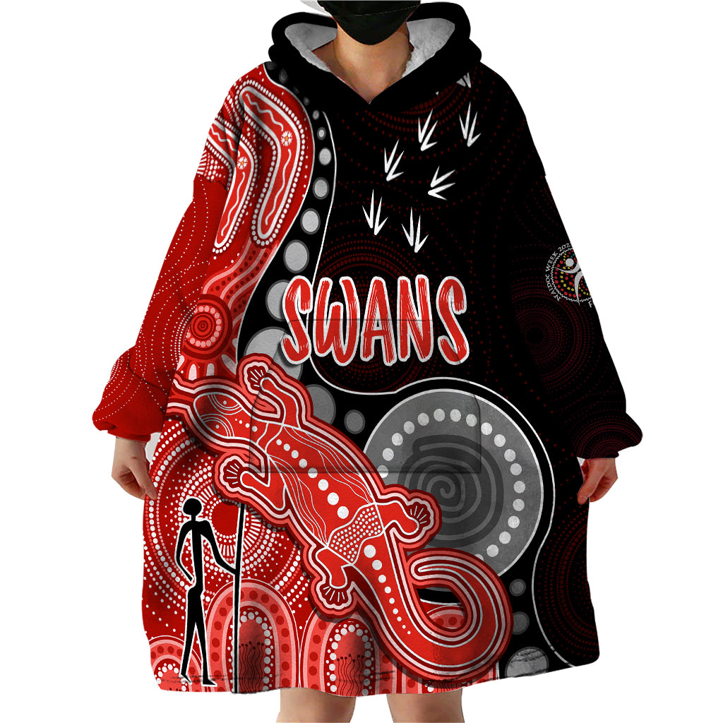 personalised-naidoc-week-2023-afl-swans-wearable-blanket-hoodie-aboriginal-dot-art-lizard-mix-boomerang