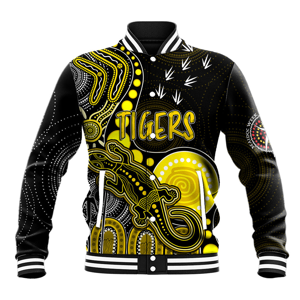 personalised-naidoc-week-2023-afl-tigers-baseball-jacket-aboriginal-dot-art-lizard-mix-boomerang