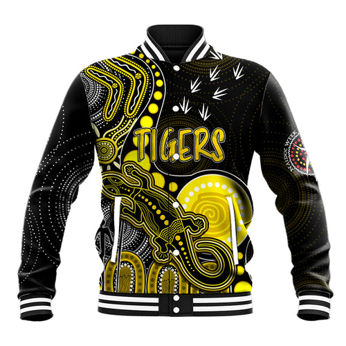 personalised-naidoc-week-2023-afl-tigers-baseball-jacket-aboriginal-dot-art-lizard-mix-boomerang